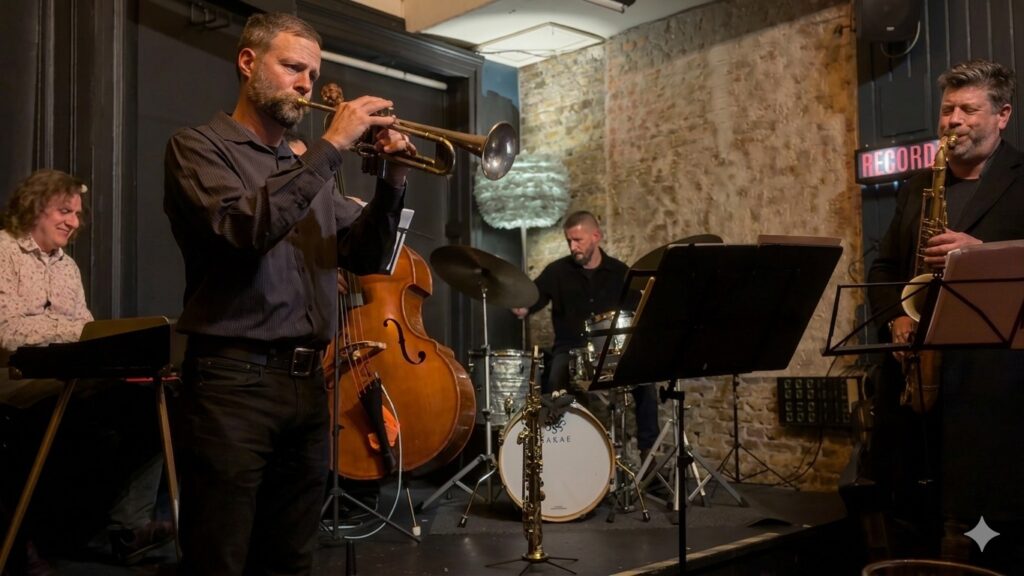 The Fire Tides jazz quintet performing live at the Roundy in Cork.
